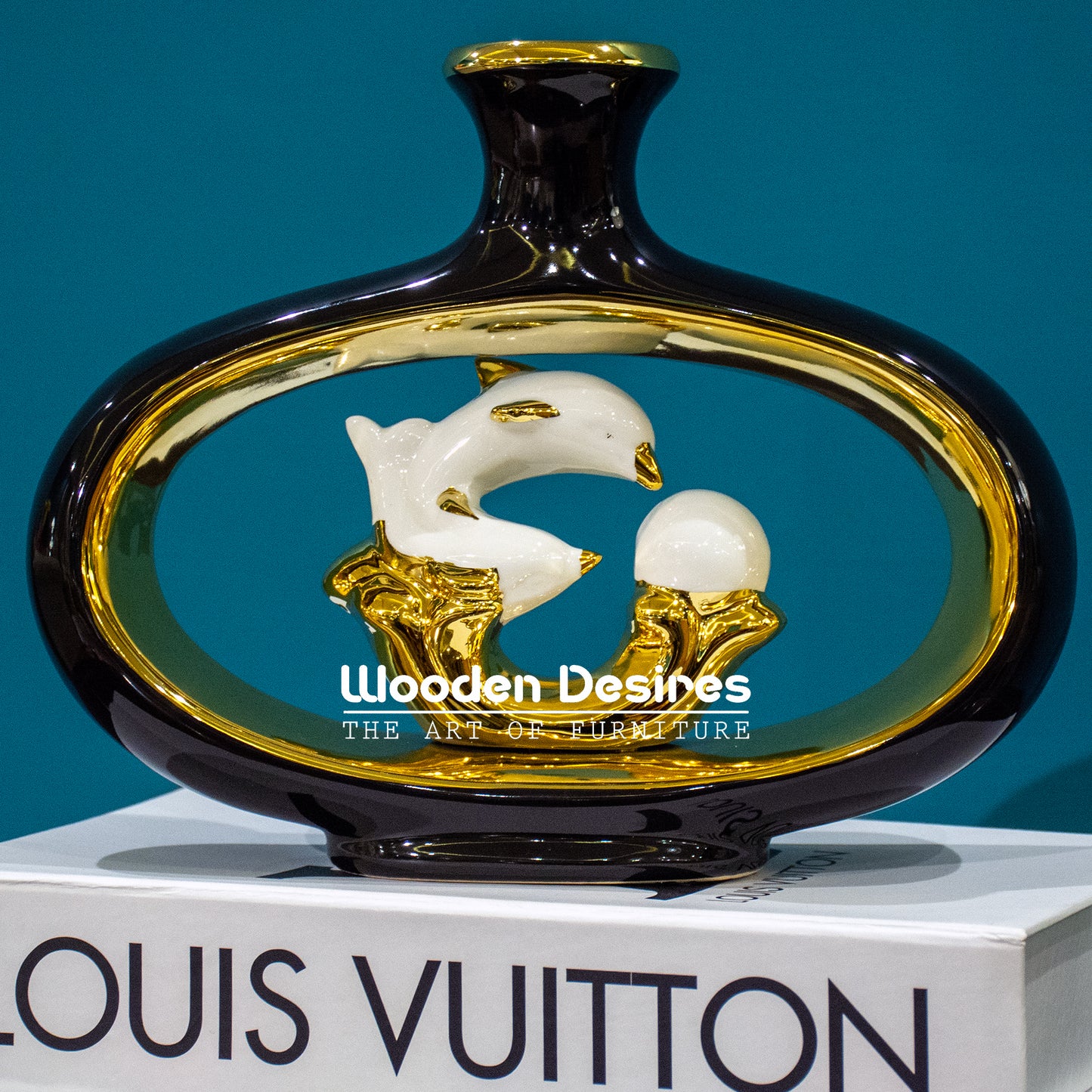 Dolphin-Themed Oval Ceramic Vase Decor