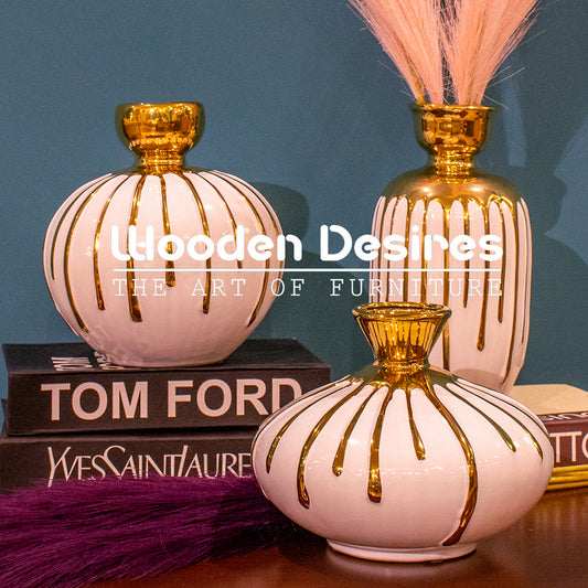 Three-Piece Gold Ceramic Vase Set for Home Decor
