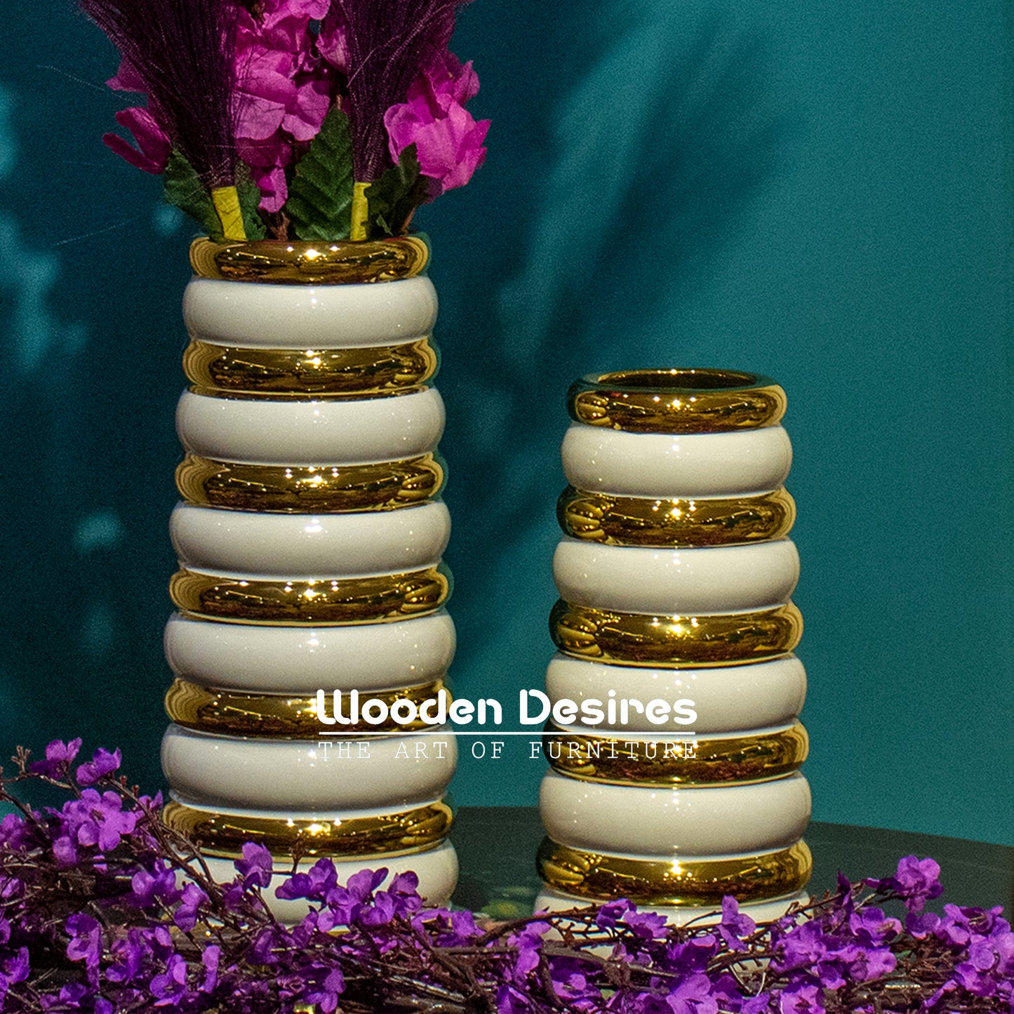 Modern Ceramic Vase Set with Gold Rings